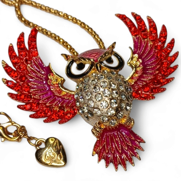 Fire Owl Pendant BJ Necklace with Red Pink Rhinestone Crystals - Picture 3 of 4